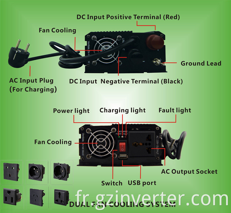 500W DC AC Circuit Circuit Battery Chargeur Chargeur Ongle Ups Onverter avec chargeur